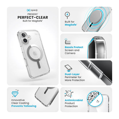 Speck Presidio Perfect-Clear MagSafe – dėklas iPhone 16 (skaidrus / chromo apdaila / ramus sidabras)