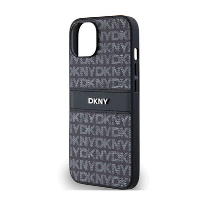 DKNY Leather Mono Stripe & Metal Logo - dėklas iPhone 15 / 14 / 13 (juodas)