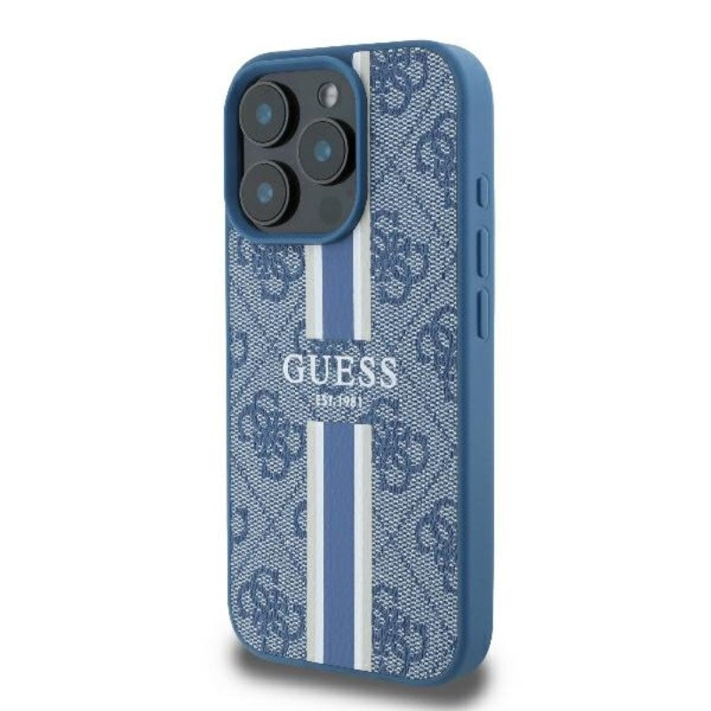 Guess 4G Printed Stripes MagSafe – dėklas iPhone 16 Pro (mėlynas)