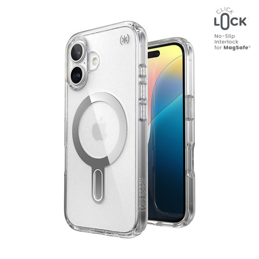 Speck Presidio Perfect-Clear ClickLock ir MagSafe – dėklas, skirtas „iPhone 16“ (skaidrus / chromo apdaila / ramioji sidabro)