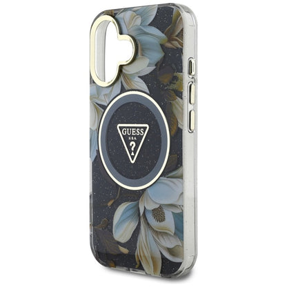 Guess Glitter Flowers Triangle Buttons MagSafe – dėklas iPhone 16 (juodas)