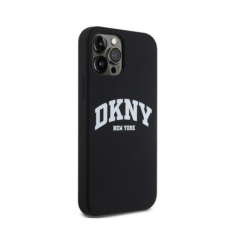 DKNY skystas silikonas su baltu atspausdintu logotipu MagSafe – dėklas skirtas iPhone 12 / iPhone 12 Pro (juodas)