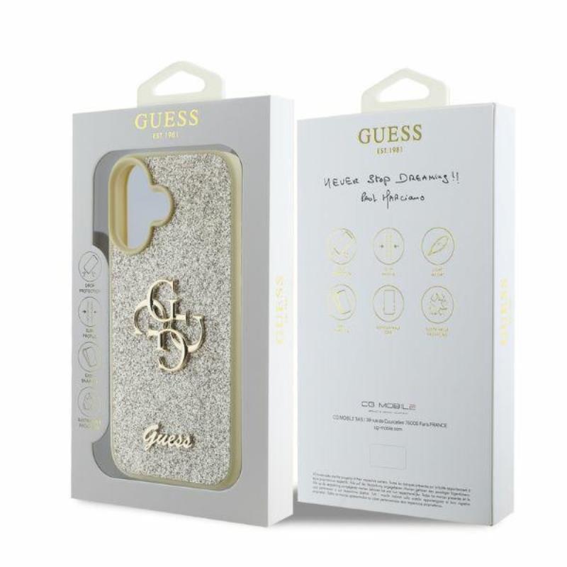 Guess Fixed Glitter Big 4G – dėklas iPhone 16 (auksinis)