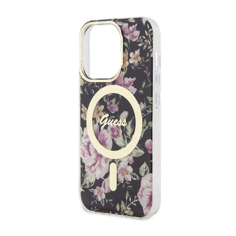 Guess Flower MagSafe – dėklas, skirtas iPhone 14 Pro (juodas)