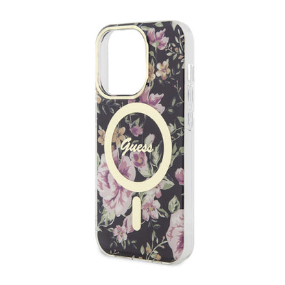 Guess Flower MagSafe – dėklas, skirtas iPhone 14 Pro (juodas)