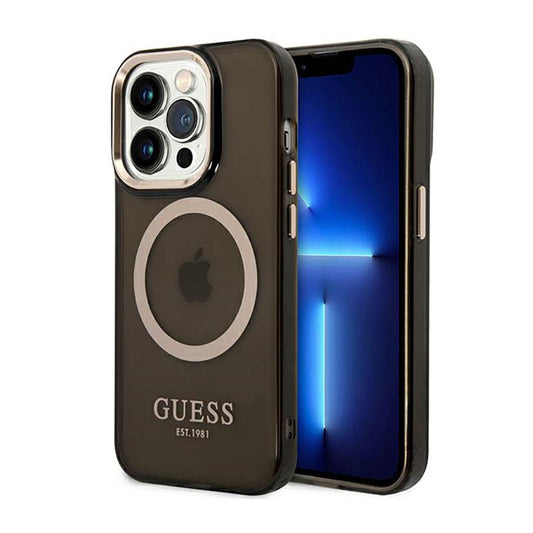 Guess Gold Outline Translucent MagSafe – dėklas skirtas iPhone 14 Pro (juodas)