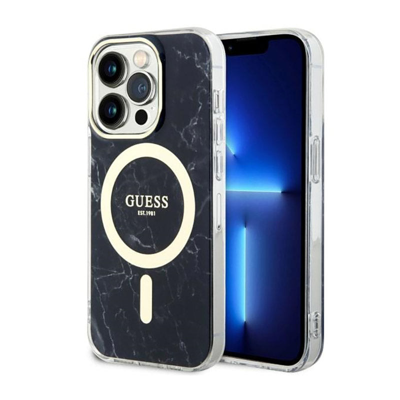 Guess Marble MagSafe – dėklas, skirtas iPhone 14 Pro (juodas)
