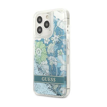 Guess Liquid Glitter Flower – „iPhone 13 Pro“ dėklas (mėlyna/žalia)