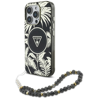 Guess Palm Trees Triangle Pearl Strap MagSafe – Dėklas iPhone 16 Pro Max (juodas)