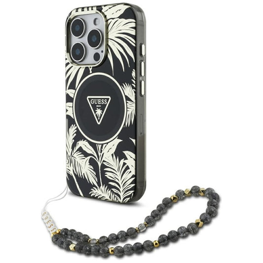 Guess Palm Trees Triangle Pearl Strap MagSafe – Dėklas iPhone 16 Pro Max (juodas)