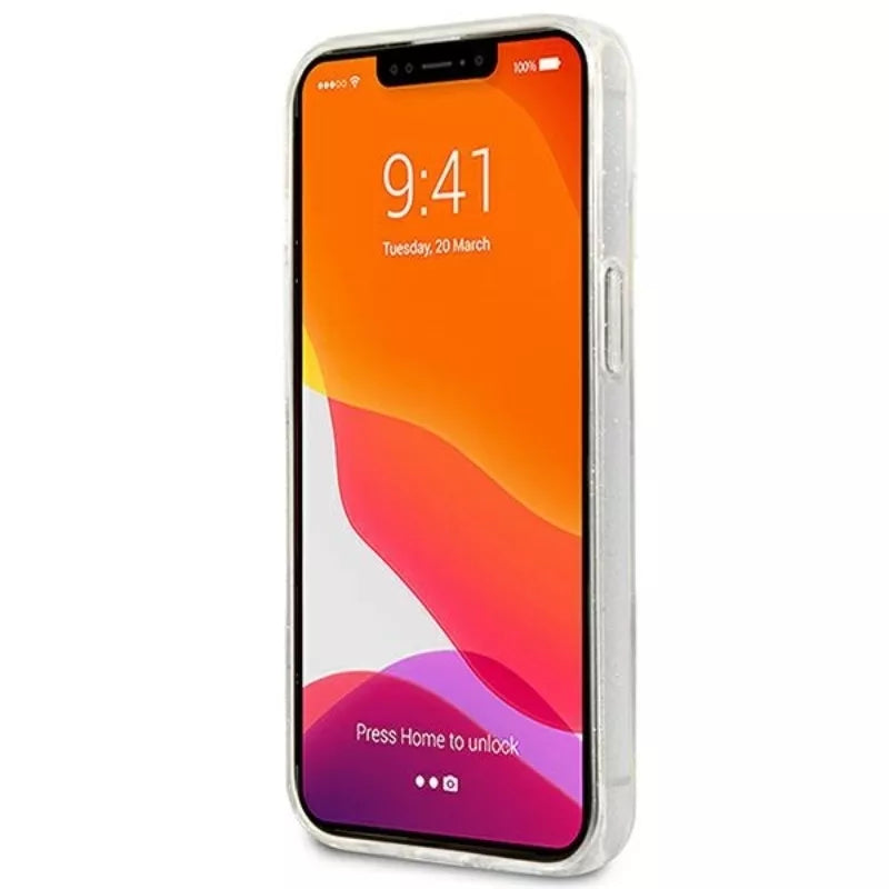 Guess Blizgučių 4G Dvigubo Logotipo dėklas iPhone 13 mini (Skaidrus)