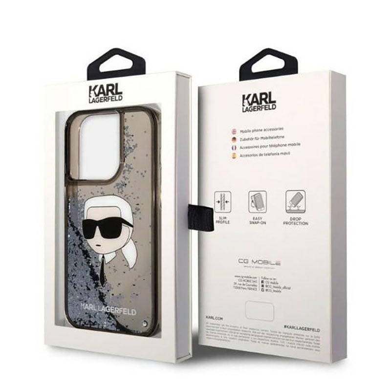 Karl Lagerfeld Dėklas iPhone 14 Pro Skysti Blizgučiai NFT Karlo Galva (Juoda)
