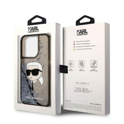 Karl Lagerfeld Dėklas iPhone 14 Pro Skysti Blizgučiai NFT Karlo Galva (Juoda)