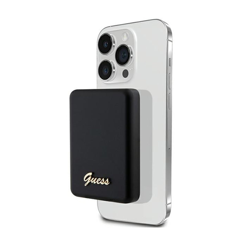 Guess Metal Script Logo MagSafe - indukcinis maitinimo blokas 5000 mAh 15W MagSafe (juodas)