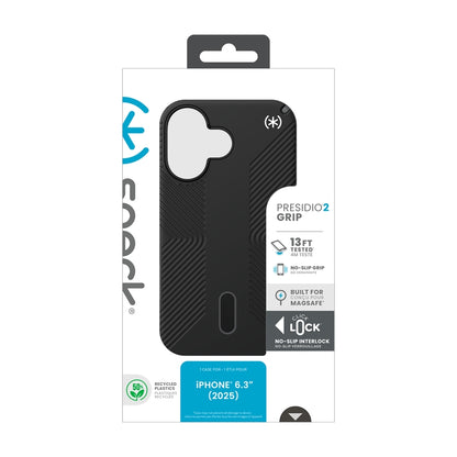 Speck Presidio2 Grip ClickLock ir MagSafe – iPhone 17 dėklas (juoda / alyvuogių pilka / balta)