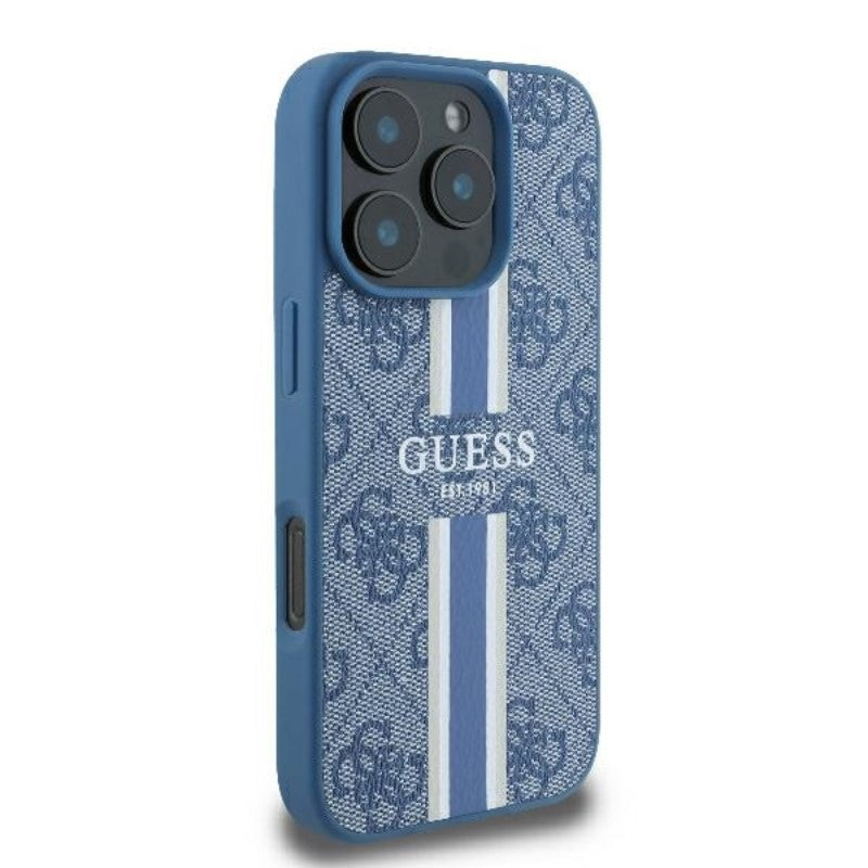 Guess 4G Printed Stripes MagSafe – dėklas iPhone 16 Pro (mėlynas)
