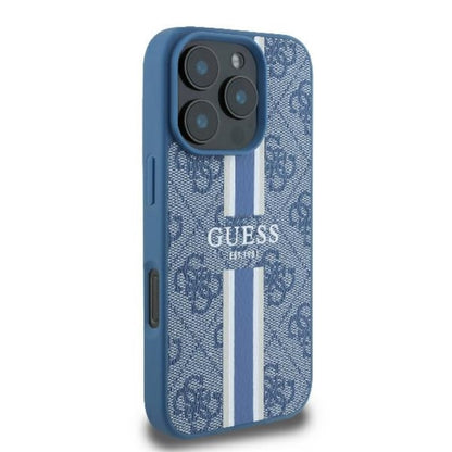 Guess 4G Printed Stripes MagSafe – dėklas iPhone 16 Pro (mėlynas)