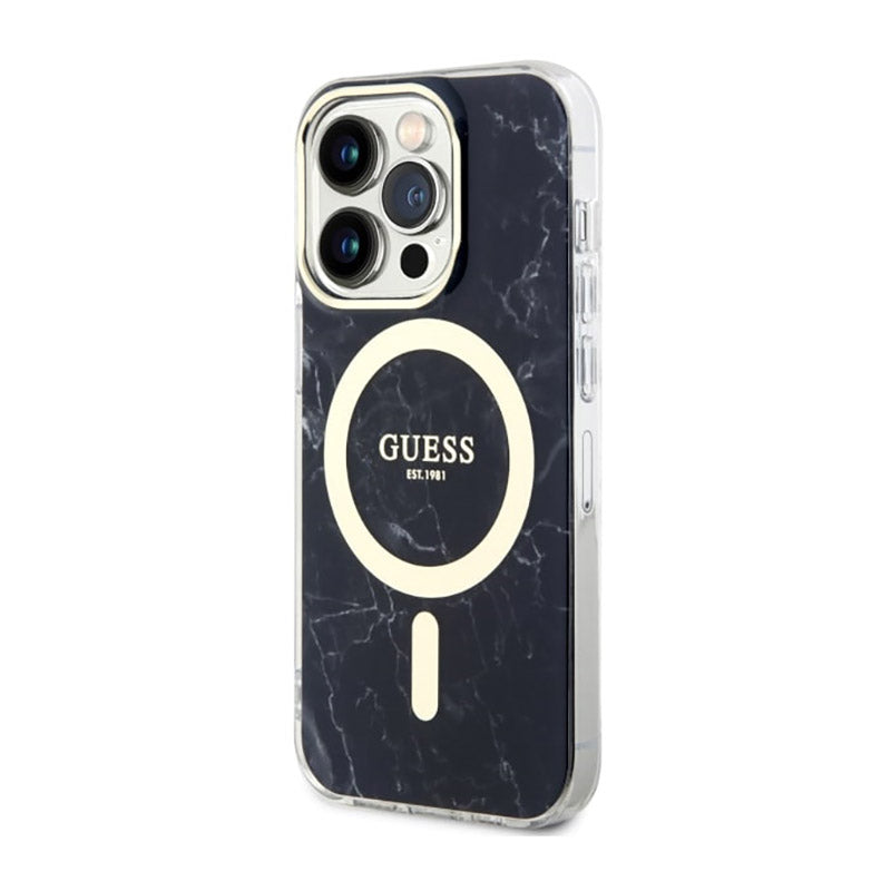 Guess Marble MagSafe – dėklas, skirtas iPhone 14 Pro (juodas)