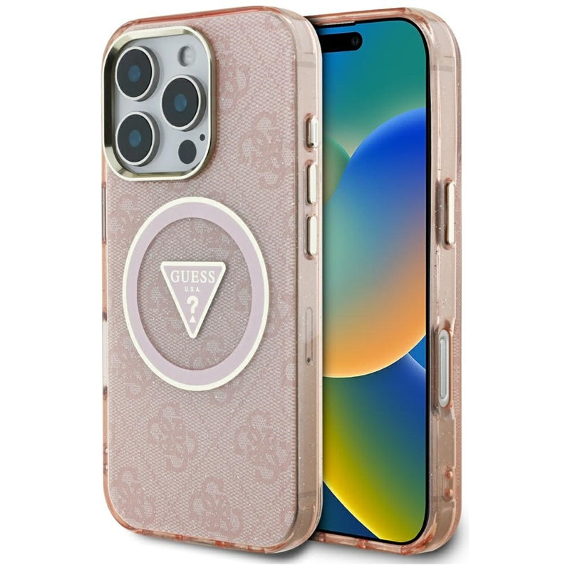 Guess IML Metal Glitter 4G apskritimas trikampis MagSafe – dėklas skirtas iPhone 16 Pro (rožinis)
