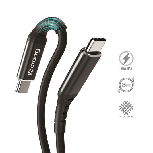 Crong Armor Link – USB-C prie USB-C 60W 3A pintas kabelis su Power Delivery greituoju įkrovimu, 25 cm (juodas)
