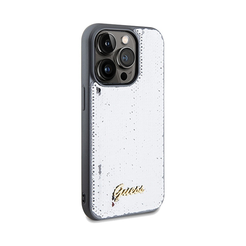 Guess Sequin Script Metal – dėklas, skirtas iPhone 14 Pro (sidabrinis)