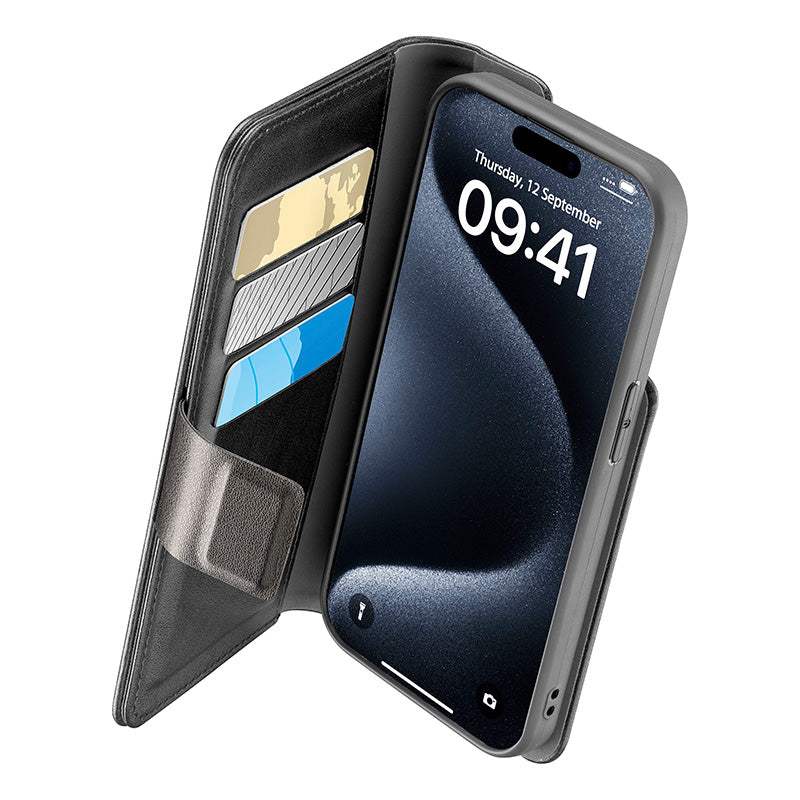 Cellularline Book Agenda – dėklas, skirtas „iPhone 15 Pro Max“ su „MICROBAN“ danga (juodas)