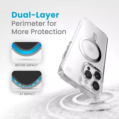 Speck Presidio Perfect-Clear ClickLock & Magsafe – Dėklas skirtas iPhone 15 Pro Max (Skaidrus / Chromo apdaila / Serene Silver)