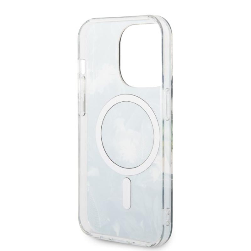 Guess Bundle Pack MagSafe IML Jungle – Apsauginis dėklas iPhone 14 Pro Max + MagSafe įkroviklis (Chaki/Auksinis)