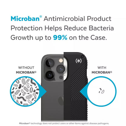 Speck Presidio2 Grip – dėklas iPhone 14 Pro su MICROBAN danga (juodas / juodas / baltas)