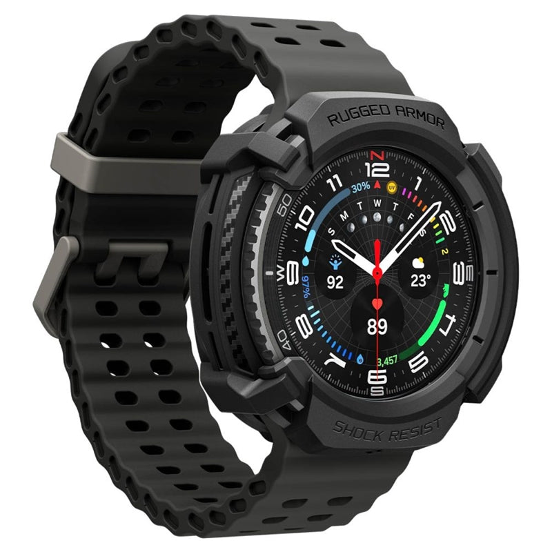 Spigen Rugged Armor – Dėklas, skirtas Samsung Galaxy Watch 8 Classic 46 mm (Matinis juodas)