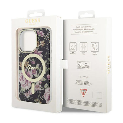 Guess Flower MagSafe – dėklas, skirtas iPhone 14 Pro (juodas)