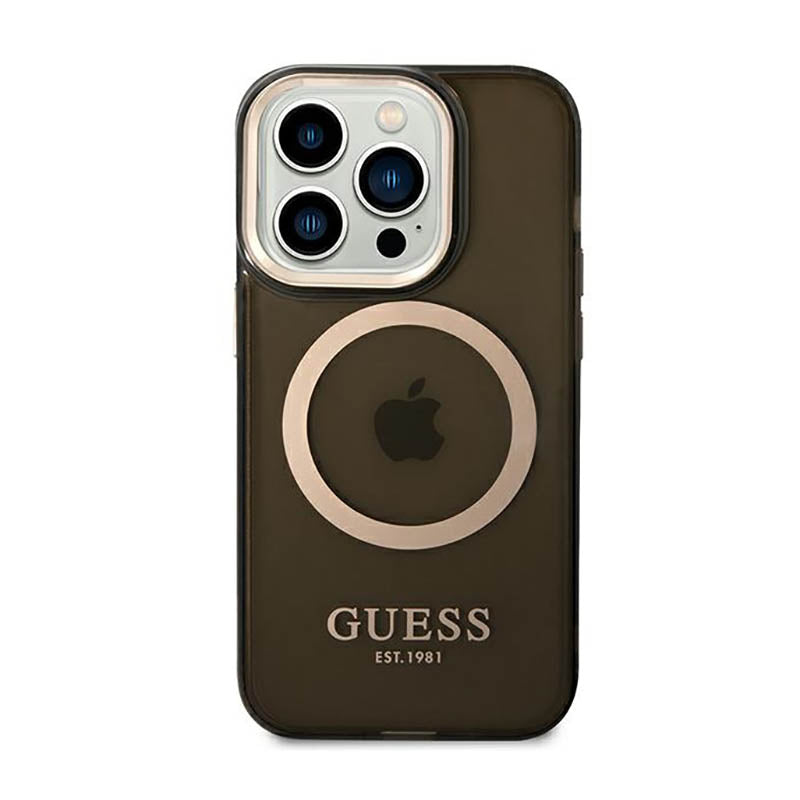 Guess Gold Outline Translucent MagSafe – dėklas skirtas iPhone 14 Pro (juodas)
