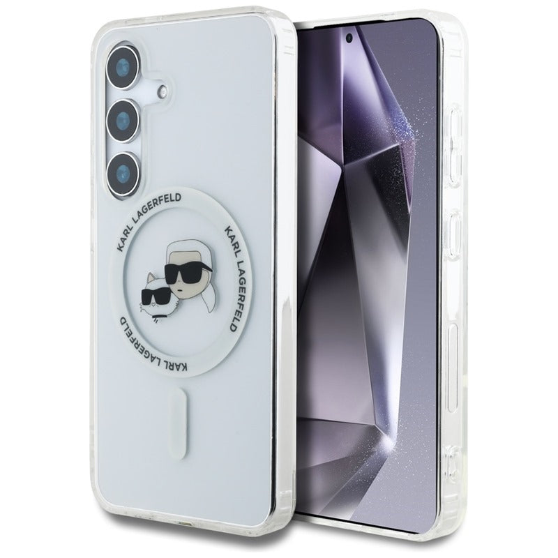 Karl Lagerfeld Button Karl & Choupette galvučių atspausdintas logotipas MagSafe – dėklas, skirtas „Samsung Galaxy S25“ (baltas)