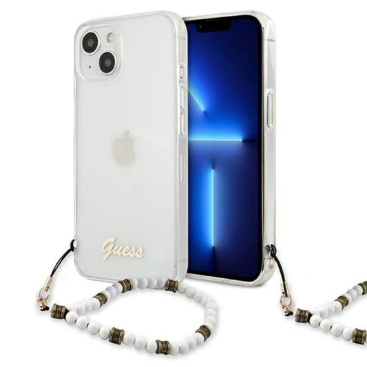 Guess White Pearl Strap - Dėklas iPhone 15 / 14 / 13 (Skaidrus)
