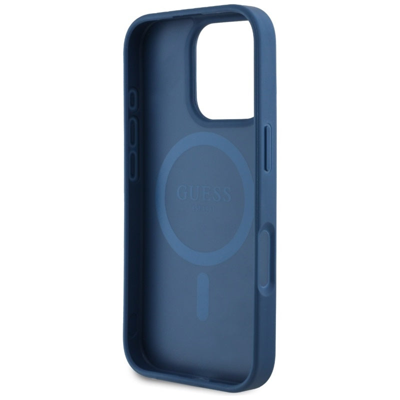 Guess Grained Printed Flower Pattern MagSafe - dėklas, skirtas iPhone 16 Pro (mėlynas)