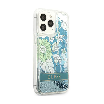 Guess Liquid Glitter Flower – „iPhone 13 Pro“ dėklas (mėlyna/žalia)
