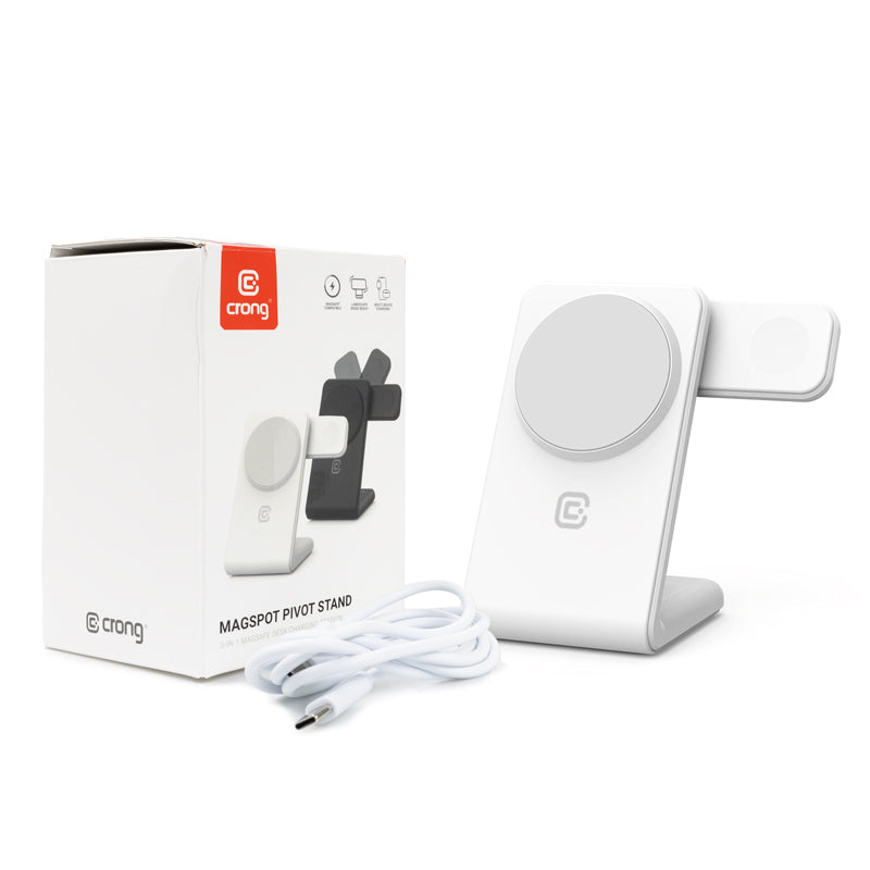 Crong MagSpot Pivot Stand - 3-in-1 belaidis įkroviklis su MagSafe, skirtas iPhone, Apple Watch ir AirPods (baltas)