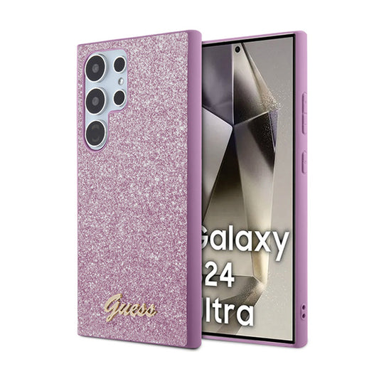 Guess Blizgučių detalės Metalo logotipas Dėklas - Dėklas Samsung Galaxy S24 Ultra (violetinis)