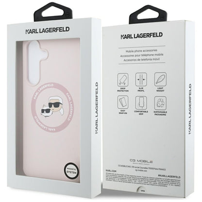 Karl Lagerfeld Silikoninis MagSafe dėklas su Karl & Choupette galvutėmis – Samsung Galaxy S25 FE (rožinis)