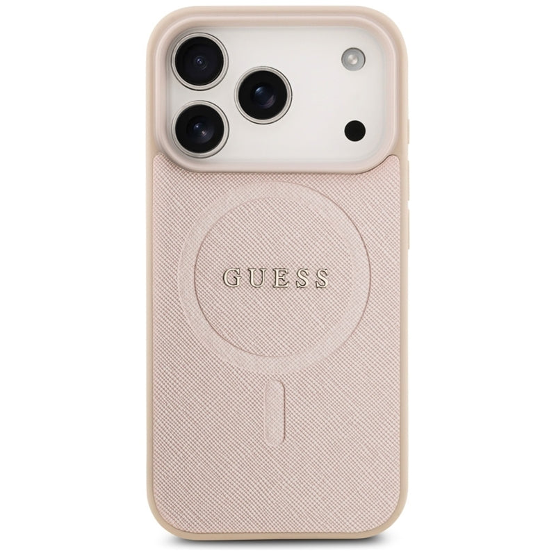 Guess Saffiano Klasikinis Logotipas MagSafe Dėklas iPhone 17 Pro (rožinis)