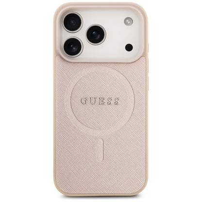 Guess Saffiano Klasikinis Logotipas MagSafe Dėklas iPhone 17 Pro (rožinis)