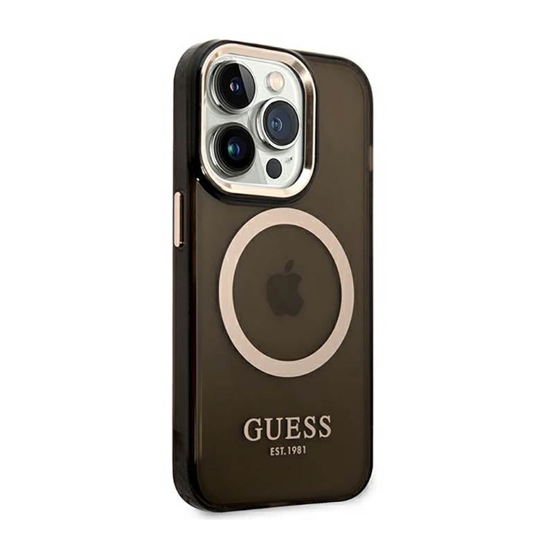 Guess Gold Outline Translucent MagSafe – dėklas skirtas iPhone 14 Pro (juodas)
