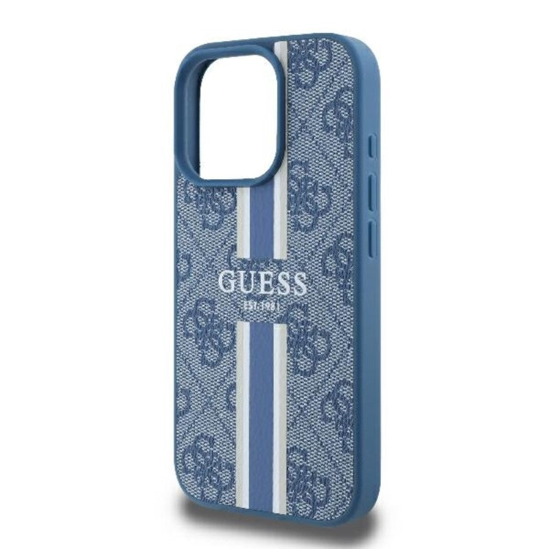 Guess 4G Printed Stripes MagSafe – dėklas iPhone 16 Pro (mėlynas)