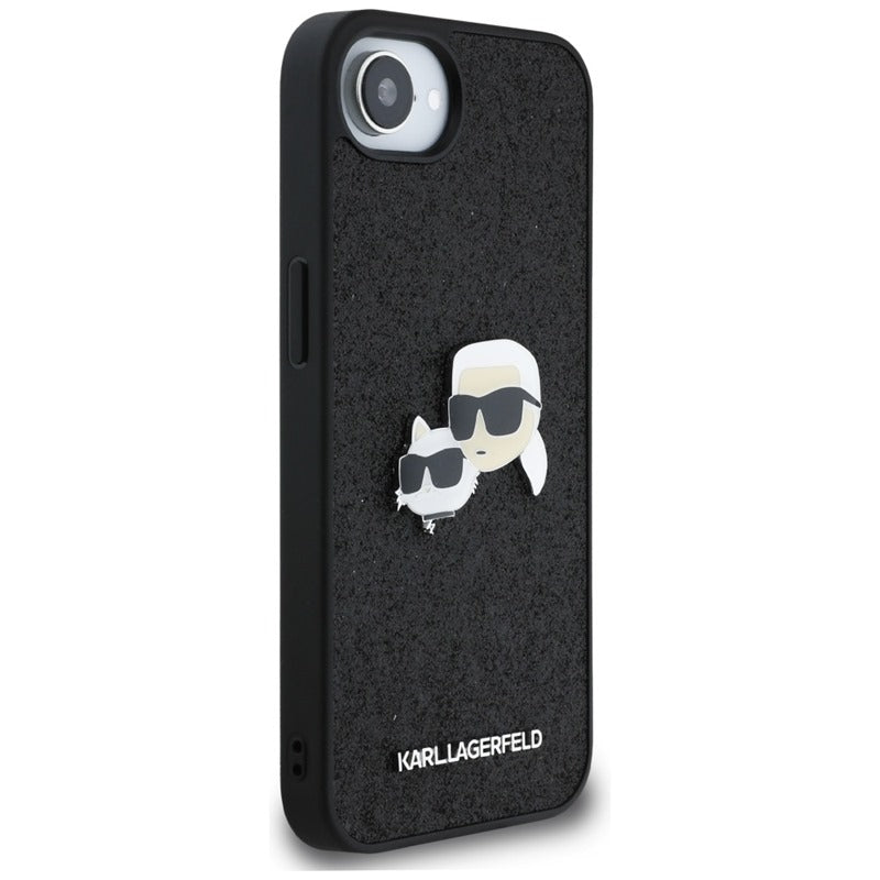 Karl Lagerfeld Dėklas iPhone 16e (juodas) su fiksuotais Karl & Choupette galvų metalo smeigtukais su blizgučiais