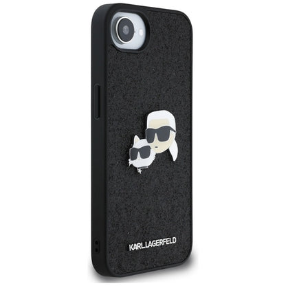 Karl Lagerfeld Dėklas iPhone 16e (juodas) su fiksuotais Karl & Choupette galvų metalo smeigtukais su blizgučiais