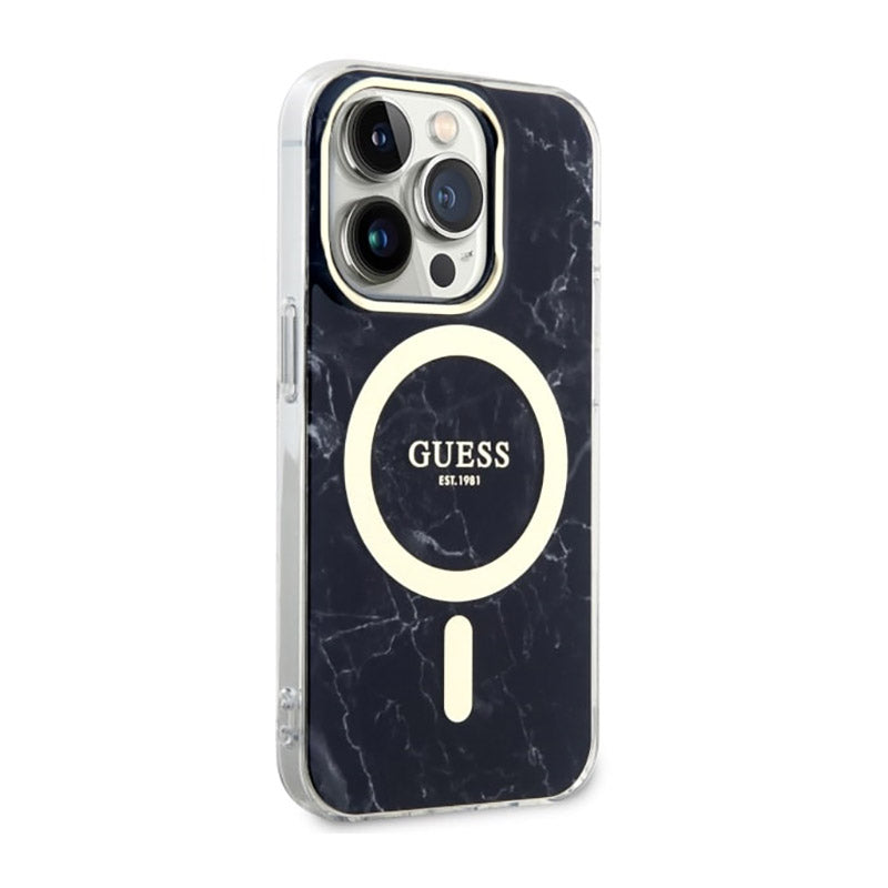 Guess Marble MagSafe – dėklas, skirtas iPhone 14 Pro (juodas)