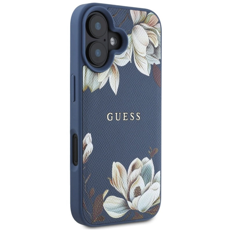 Guess MagSafe dėklas, skirtas iPhone 16 su grūdėta gėlių spauda (mėlynas)