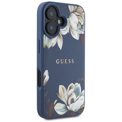 Guess MagSafe dėklas, skirtas iPhone 16 su grūdėta gėlių spauda (mėlynas)