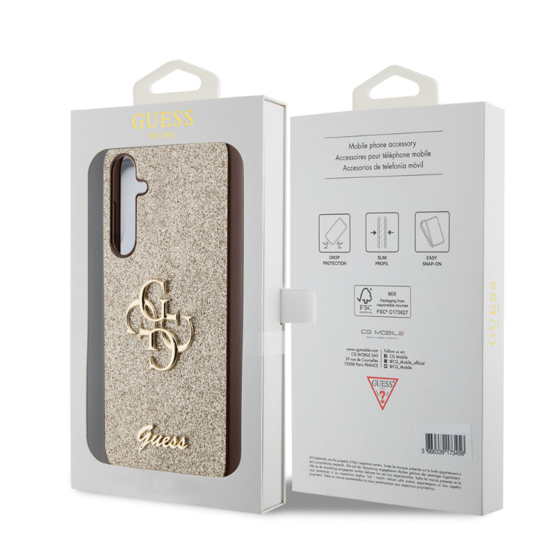 Guess Glitter Script Big 4G - Samsung Galaxy S23 FE dėklas (aukso spalvos)