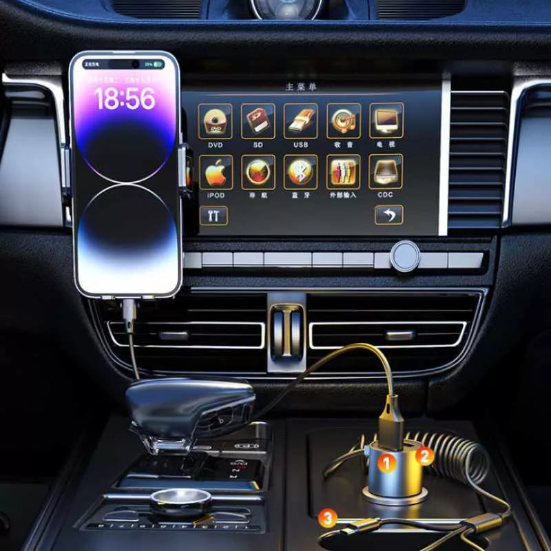 WEKOME WP-C44 Pop Digital Series - automobilinis įkroviklis su integruotu 3-in-1 USB-C / Lightning / Micro USB kabeliu ir 2x USB-A jungtimis, 33W (Juodas)